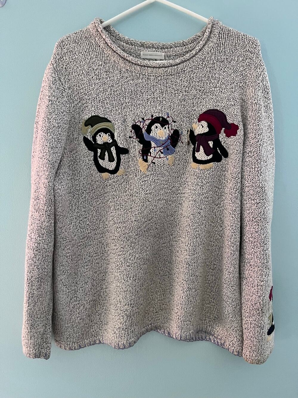 Women’s Hand Embroidered Chunky Knit Penguin Christmas Sweater